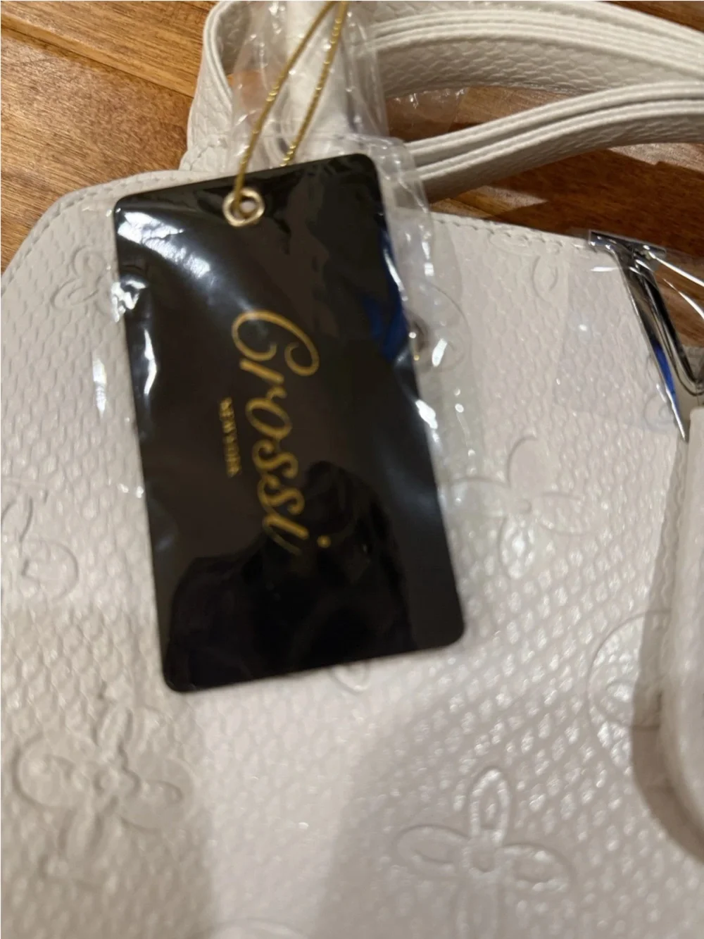 CROSSI Satchel White Logos Top Handle Zip Bag Detach Strap White 12”x9” NWT